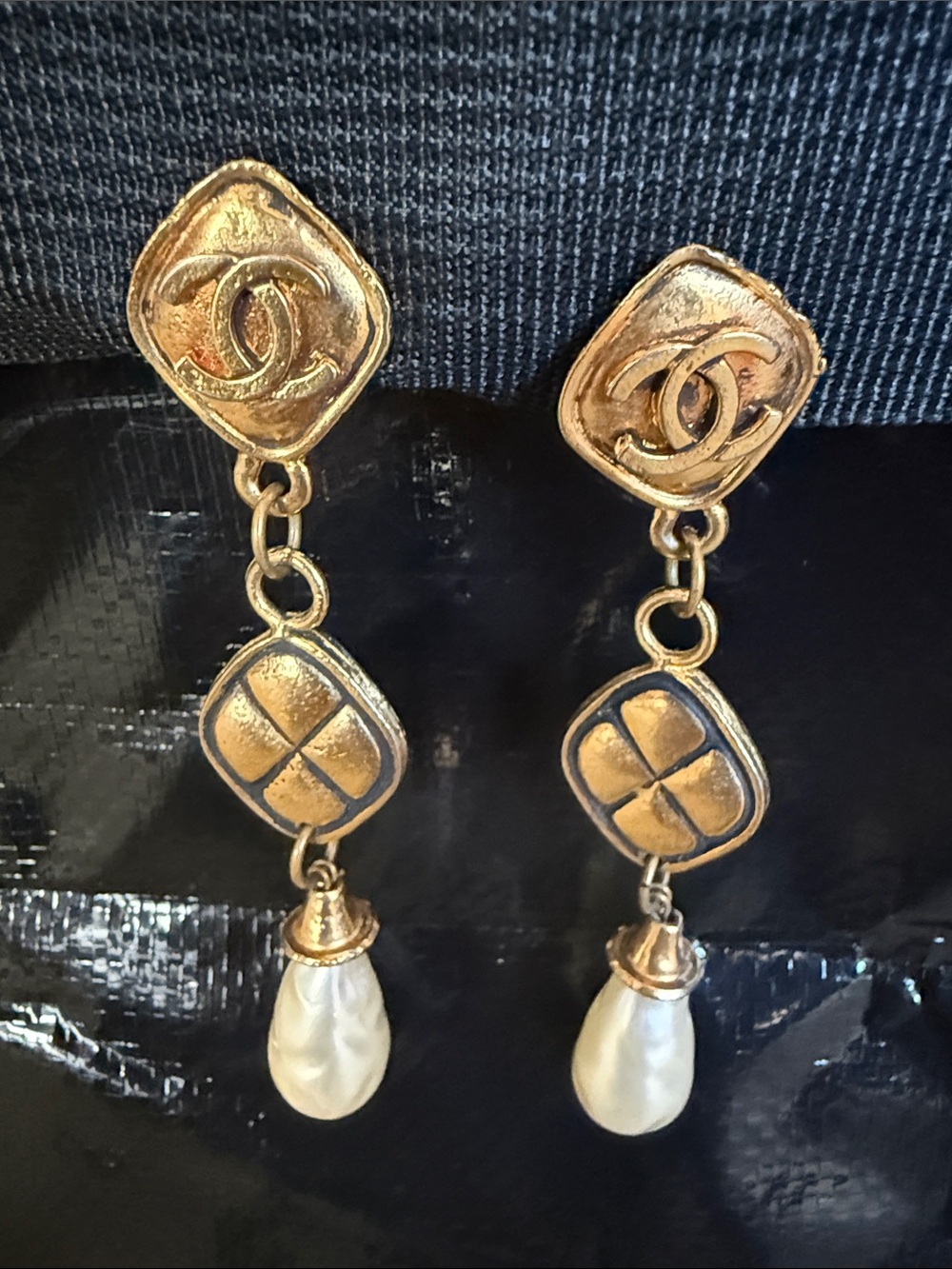 CHANEL Gold-Tone CC Drop Earrings with Cream Pearl Teardrops